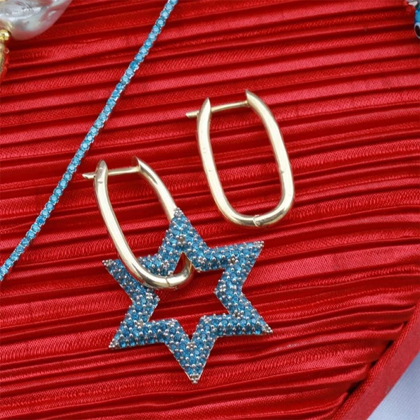 Mavi Zirkon Taşlı Yıldız Gümüş Küpe - Resim 2