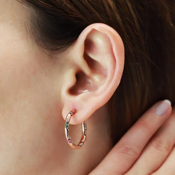 Renkli Zirkon Taşlı Apm Modeli Rose Gold Kaplama Halka Gümüş Küpe ürün görseli 1