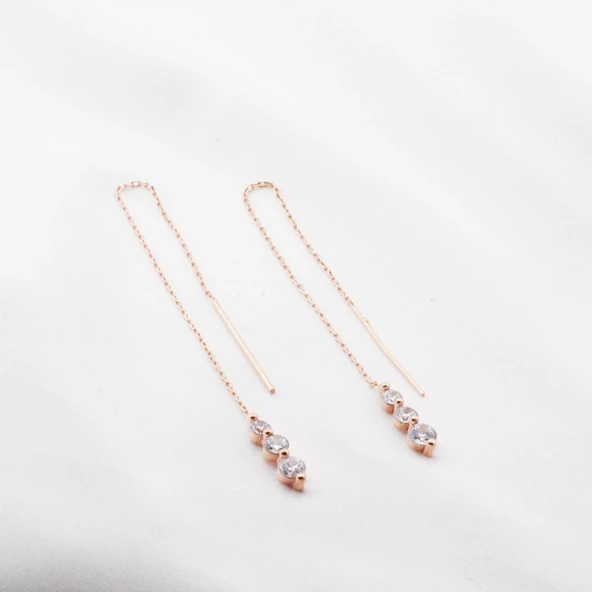 Tria Model Zirkon Taşlı Rose Gold Kaplama Gümüş Zincir Küpe ürün görseli 1