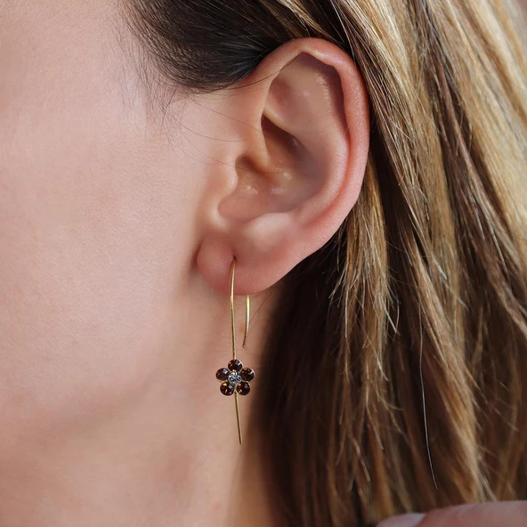 Çiçek Swarovski Taşlı Gold Kaplama Gümüş Çengel Küpe - Resim 3