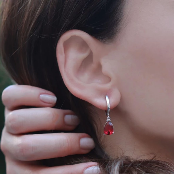 Damla Modeli Lal Taşlı 925 Ayar Gümüş Küpe - Resim 2