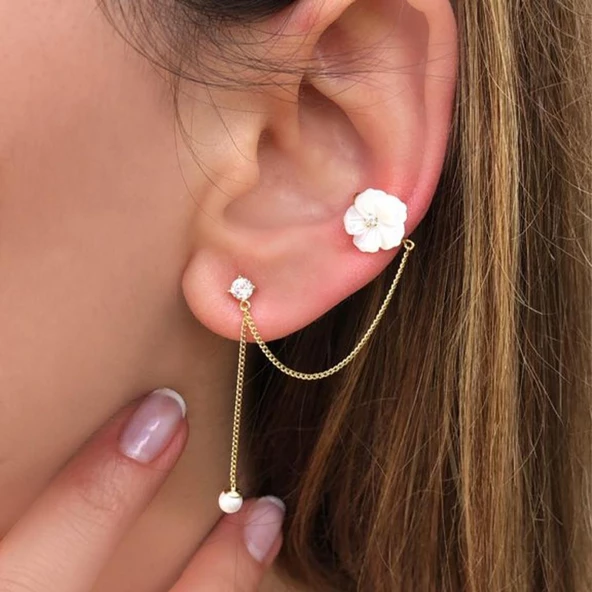 Çiçek Model Zirkon Taşlı Gold Kaplama Kombin Zincir Gümüş Küpe ürün görseli 1