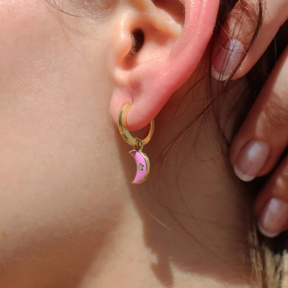 Mor Ay Mine İşli Gold Kaplama Gümüş Halka Küpe - Resim 2