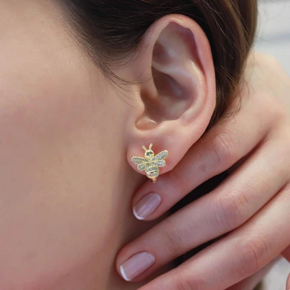 Zirkon Taşlı Gold Kaplama Gümüş Arı Küpe - Resim 2