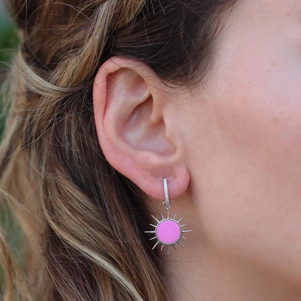 Pembe Mine İşli Güneş Gümüş Küpe - Resim 2