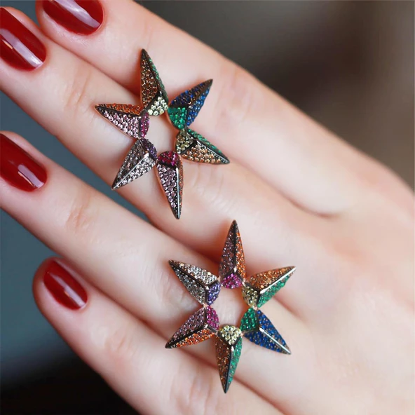 Renkli Zirkon Taşlı Gümüş Yıldız Küpe - Resim 4