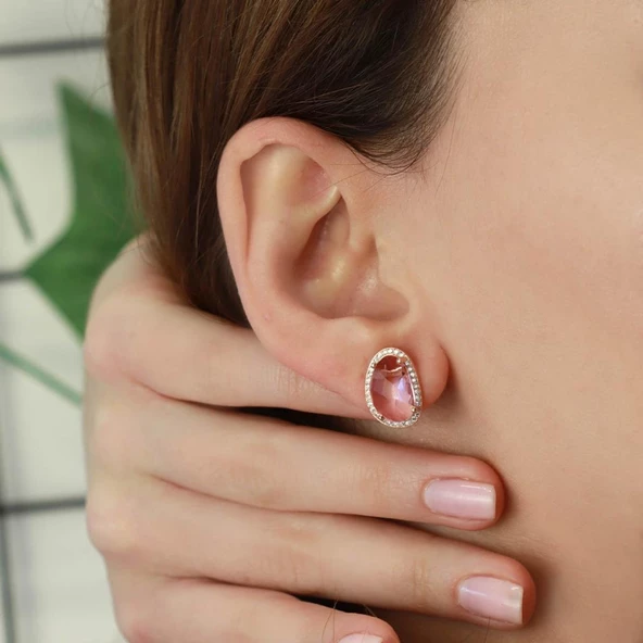 Pembe Kuvars Taşlı Oval Rose Gold Kaplama Gümüş Küpe ürün görseli 1