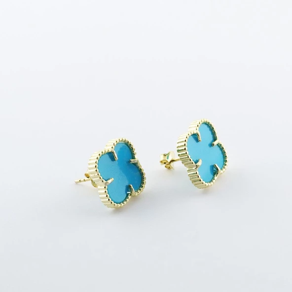 İkonik Alhambra Modeli Mavi Mine İşli Gold Kaplama Gümüş Küpe - Resim 3