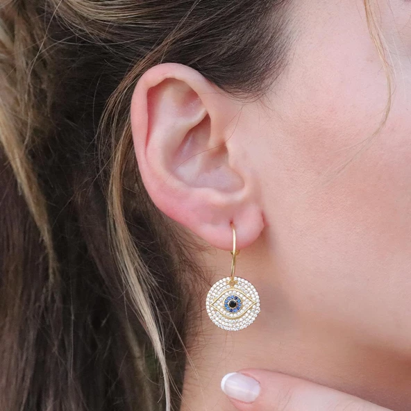 Apm Modeli Zirkon Taşlı Altın Kaplama Göz Gümüş Küpe - Resim 4