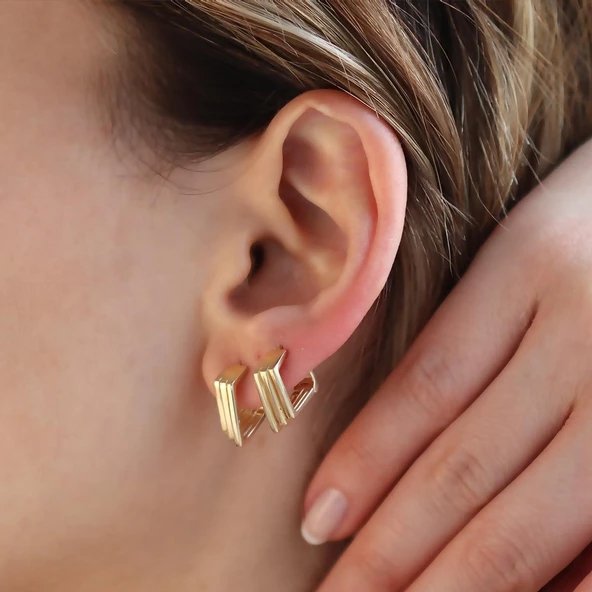 Gold Kaplama Katlı Gümüş Halka Küpe - Resim 3