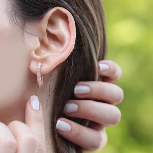 3 Boyutlu Kalp Rose Gold Kaplama Gümüş Küpe - Resim 3