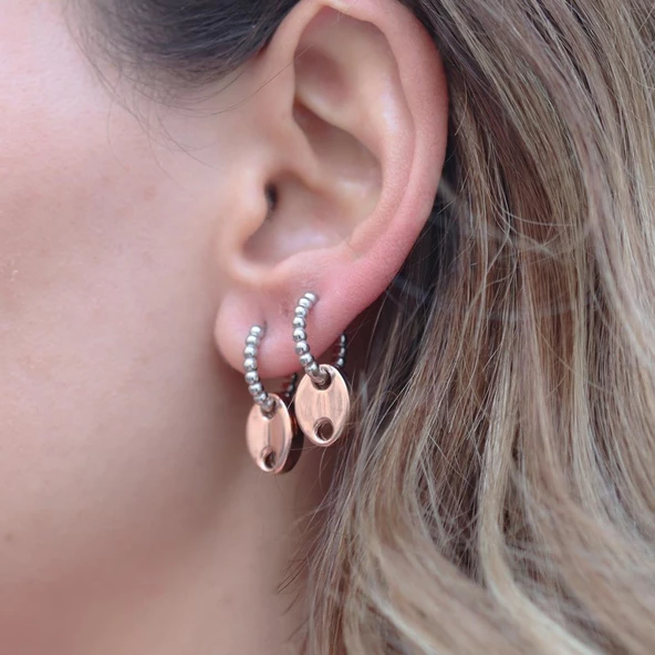 Sıralı 2 Renkli Düğme Gümüş Küpe - Resim 2