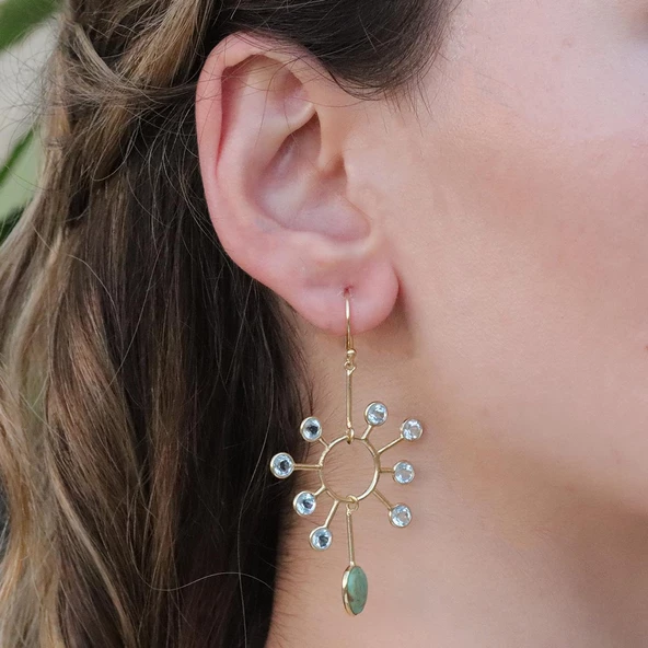 Aventurin Taşlı Gold Kaplama Doğal Taş Gümüş Küpe - Resim 2