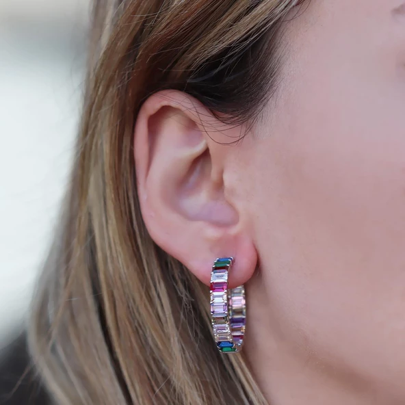 Renkli Baget Taşlı Halka Gümüş Küpe - Resim 2