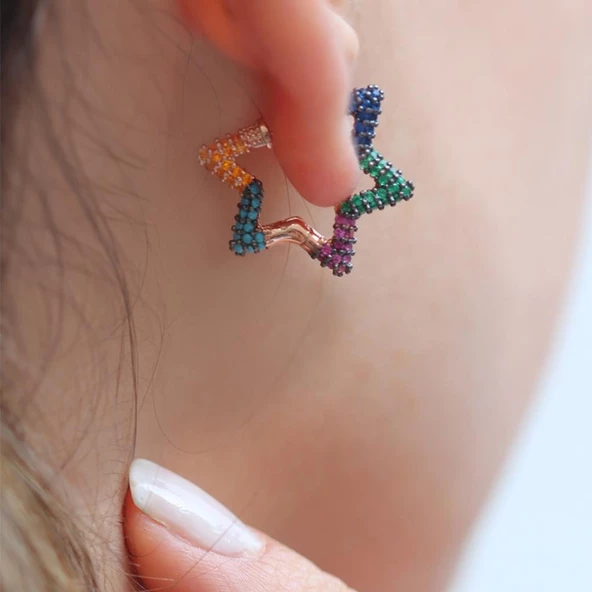 3 Boyutlu Gökkuşağı Yıldız Gümüş Küpe - Resim 3