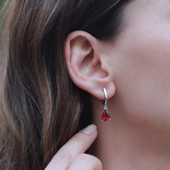 Damla Modeli Lal Taşlı 925 Ayar Gümüş Küpe ürün görseli 1