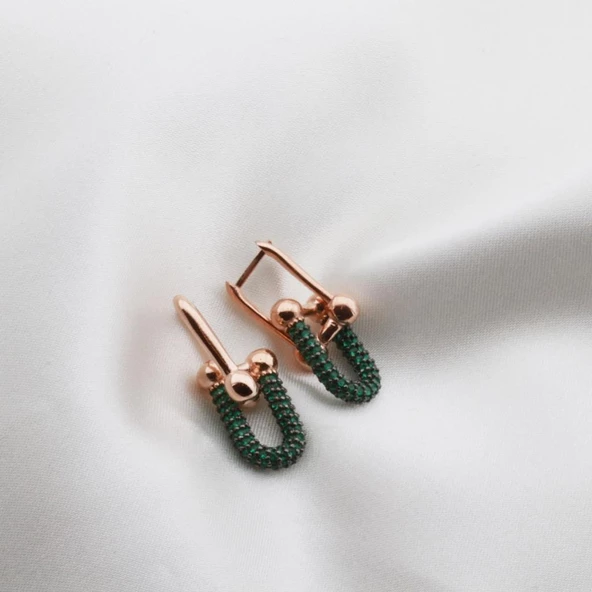 Yeşil Zirkon Taşlı Tif Model Rose Gold Kaplama Gümüş Küpe ürün görseli 1