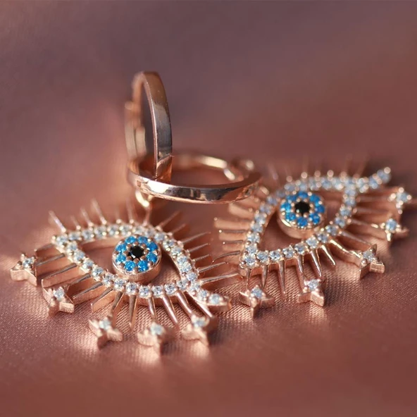 Zirkon Taşlı Göz Modeli Rose Gold Kaplama Gümüş Küpe - Resim 2