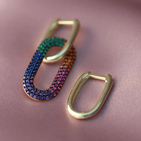 Apm Monaco Modeli Renkli Zirkon Taşlı Gold Kaplama Gümüş Küpe ürün görseli 1