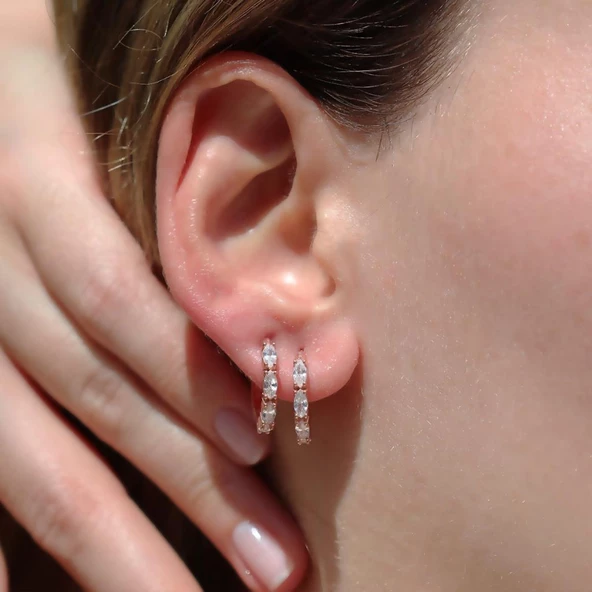 Zirkon Taşlı Rose Gold Kaplama Gümüş Halka Küpe - Resim 2