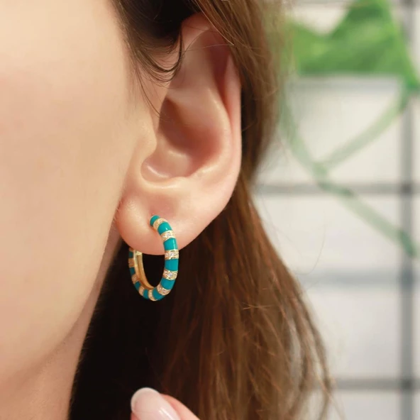 Yeşil Mine İşli Gold Kaplama Gümüş Halka Küpe ürün görseli 1