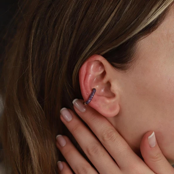 Dikdörtgen Mor Zirkon Taşlı Rose Gold Kaplama Gümüş Kıkırdak Küpe ürün görseli 1