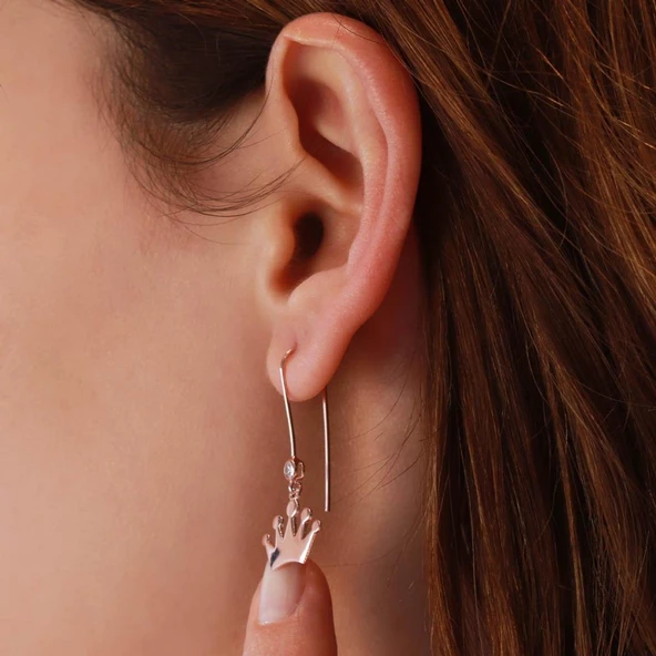 Kral Tacı Zirkon Taşlı Rose Gold Kaplama Gümüş Çengel Küpe - Resim 2