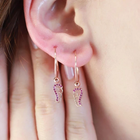 Melek Kanadı Fuşya Zirkon Taşlı Rose Gold Kaplama Gümüş Halka Küpe - Resim 2