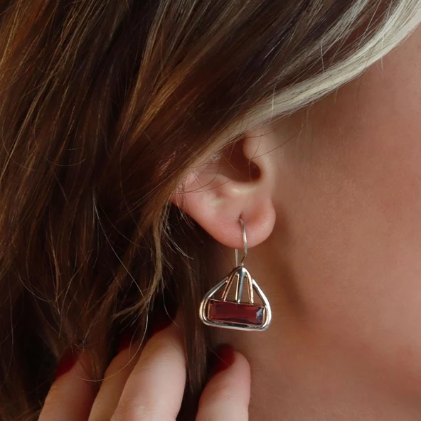 Lal Taşlı El İşli Otantik 925 Ayar Gümüş Küpe - Resim 2