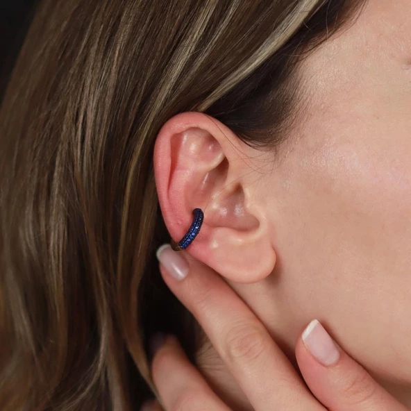 Yuvarlak Mavi Zirkon Taşlı Rose Gold Kaplama Gümüş Kıkırdak Küpe ürün görseli 1