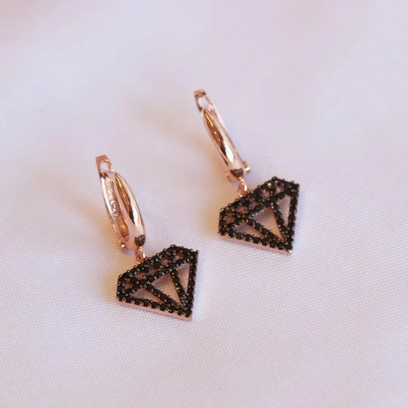 Elmas Simgeli Siyah Zirkon Taşlı Rose Gold Kaplama Gümüş Küpe ürün görseli 1