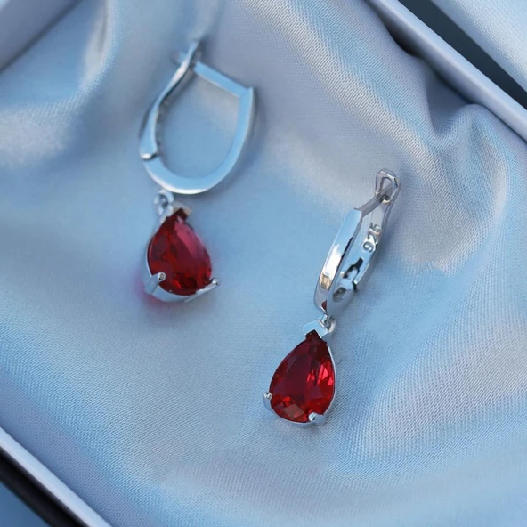 Damla Modeli Lal Taşlı 925 Ayar Gümüş Küpe - Resim 3