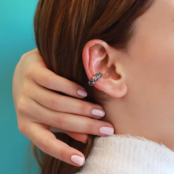 Rose Gold Kaplama Renkli Zirkon Taşlı Yuvarlak Gümüş Kıkırdak Küpe ürün görseli 1