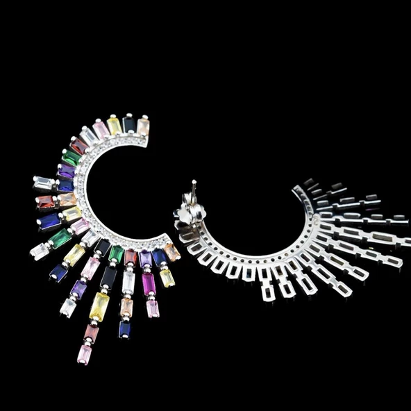 Renkli Zirkon Taşlı Güneş Tasarım Gümüş Küpe - Resim 3