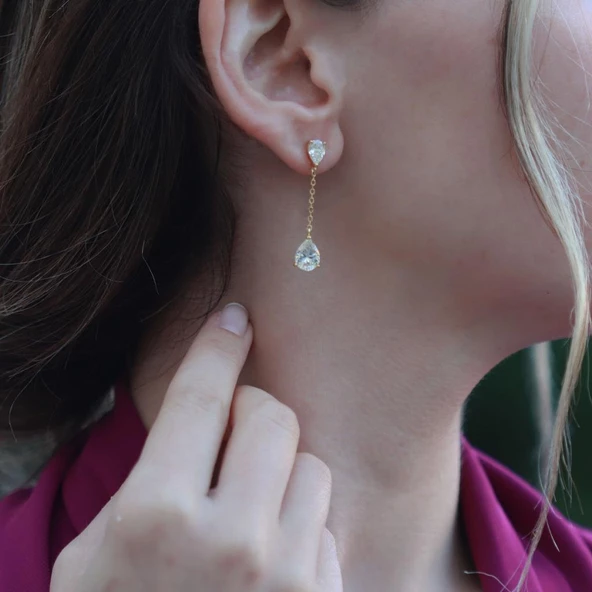 Pear Kesim 3,87 Karat Gold Kaplama Sky Diamond Gümüş Küpe - Resim 2