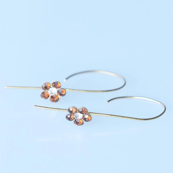 Çiçek Swarovski Taşlı Gold Kaplama Gümüş Çengel Küpe - Resim 4