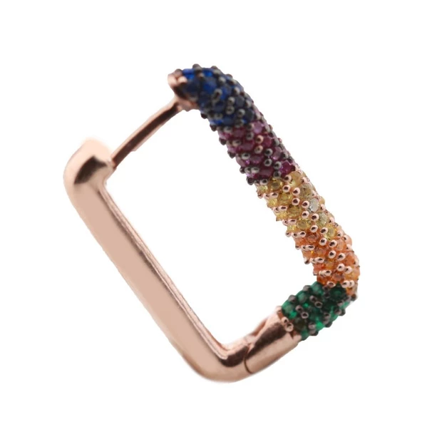 Renkli Zirkon Taşlı Dörtgen Rose Gold Kaplama Gümüş Küpe - Resim 3