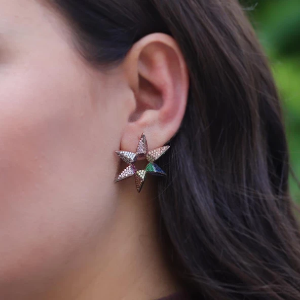 Renkli Zirkon Taşlı Gümüş Yıldız Küpe - Resim 2