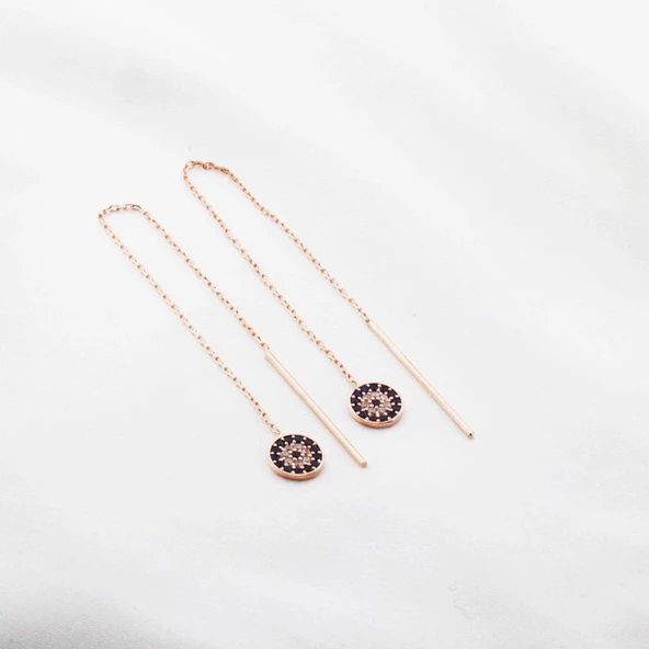 Zirkon Taşlı Nazar Boncuklu Rose Gold Kaplama Gümüş Zincir Küpe ürün görseli 1