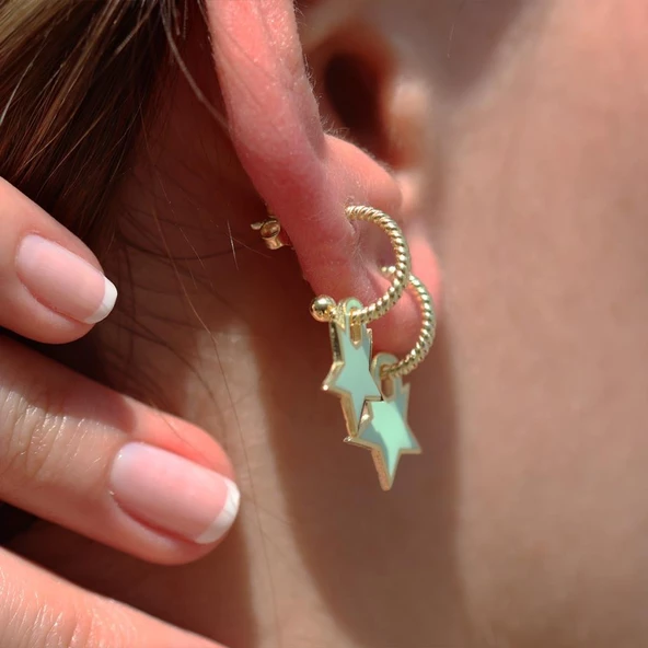 Mine İşli Gold Kaplama Yıldız Gümüş Küpe - Resim 5