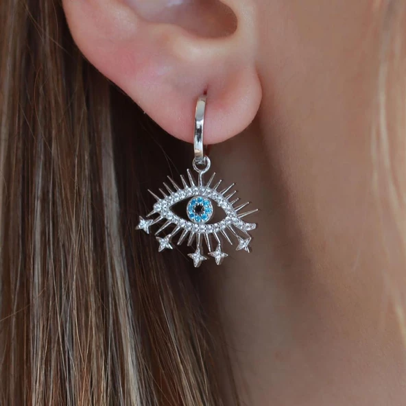 Zirkon Taşlı Göz Modeli Gümüş Küpe - Resim 3