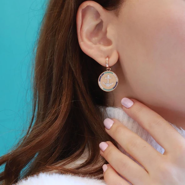 Denizci Çapası Zirkon Taşlı Rose Gold Kaplama Gümüş Küpe ürün görseli 1