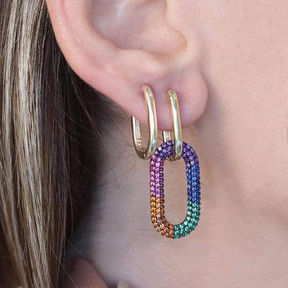 Apm Monaco Modeli Renkli Zirkon Taşlı Gold Kaplama Gümüş Küpe - Resim 2