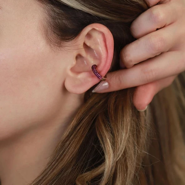 Yuvarlak Mor Zirkon Taşlı Rose Gold Kaplama Gümüş Kıkırdak Küpe ürün görseli 1