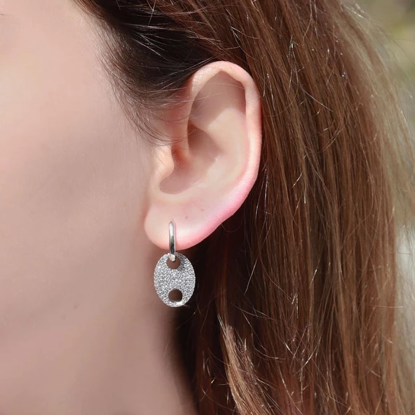 Düğme Modeli Zirkon Taşlı Gümüş Küpe - Resim 3