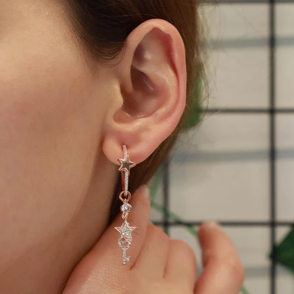 Kilit Figürlü Rose Gold Kaplama Gümüş Charm Küpe - Resim 2