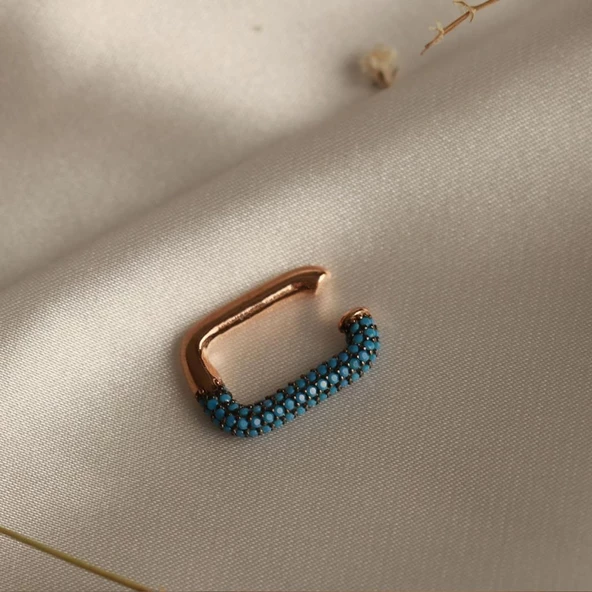 Dikdörtgen Mikro Turkuaz Taşlı Rose Gold Kaplama Gümüş Kıkırdak Küpe - Resim 2