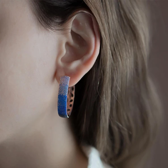 Nano Taşlı Arkası Motifli 925 Ayar Gümüş Halka Küpe ürün görseli 1