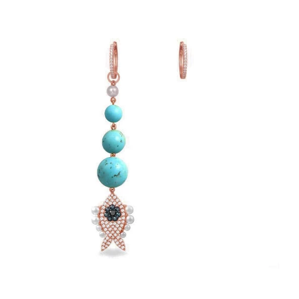 Turkuaz Taşlı İncili Balık Apm Model Rose Gold Kaplama Sallantı Gümüş Küpe - Resim 2