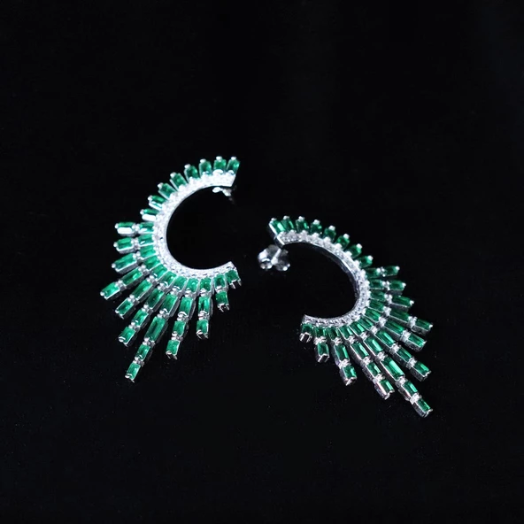 Kök Zümrüt Taşlı Güneş Tasarım Gümüş Küpe - Resim 3